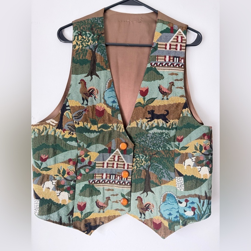 VTG RARE Farm Animal Chicken Duck Multi Color Tapestry Vest Cottage Core Size L - Picture 2 of 9